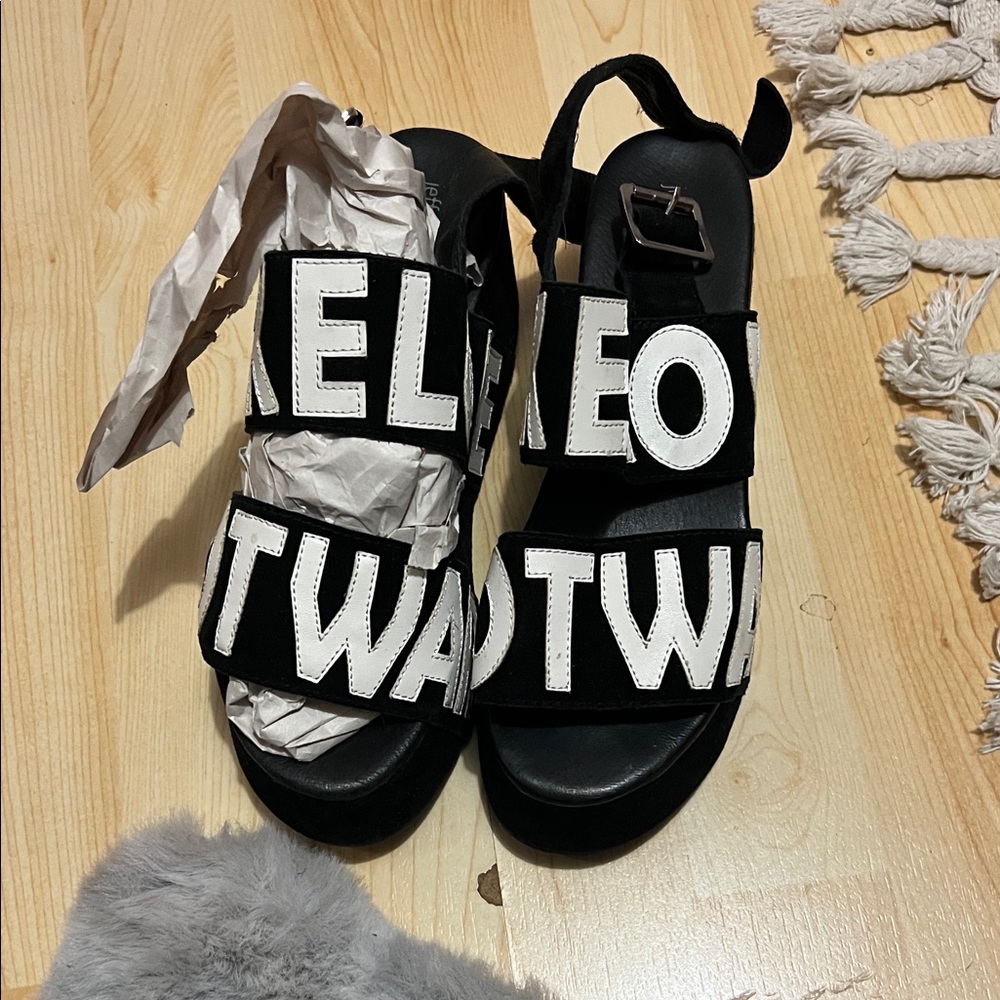 Jeffrey Campbell Black Sandals with White Lettering